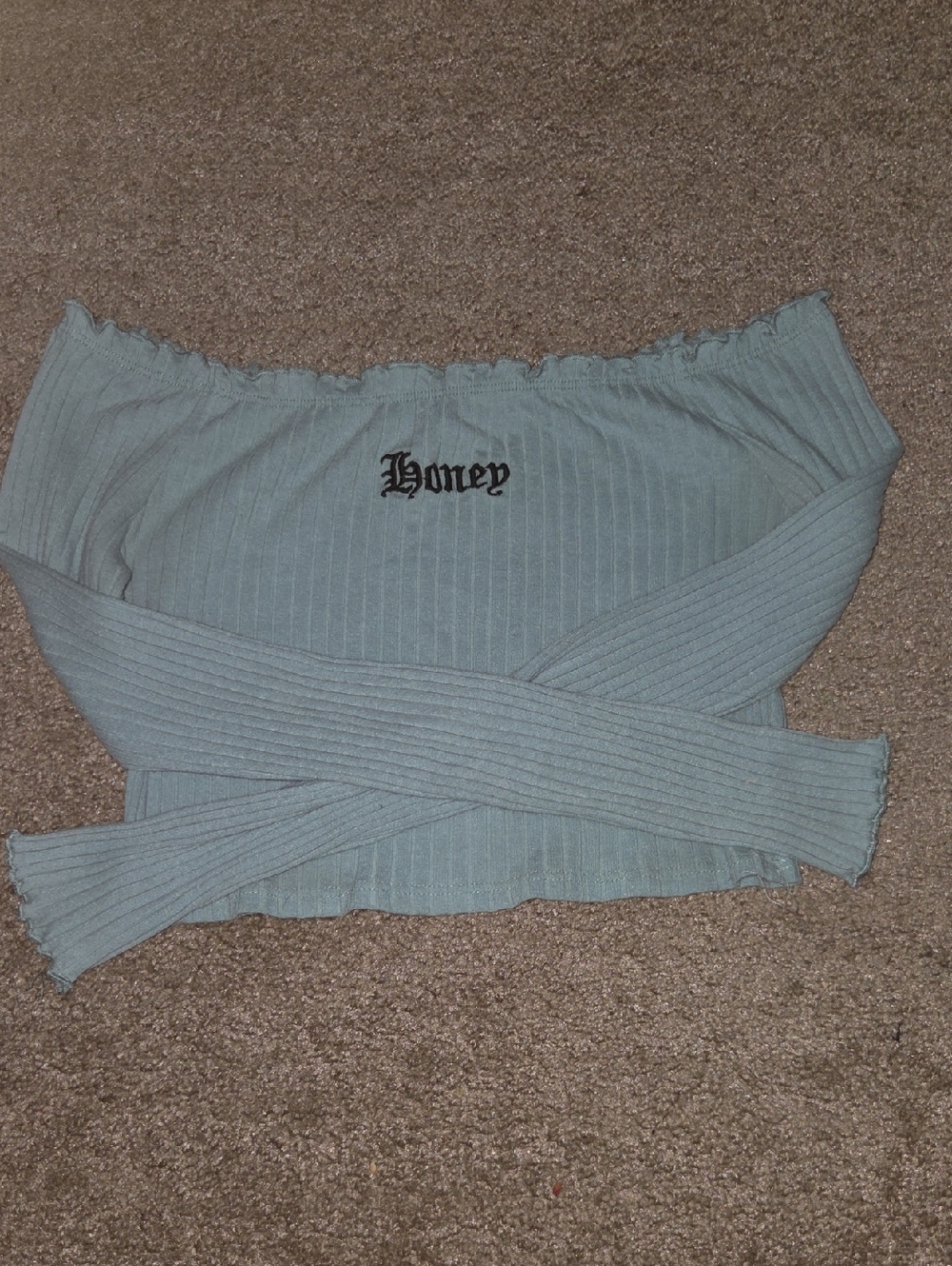 'Honey' Off-Shoulder Ribbed Crop Top - Light Sage Green